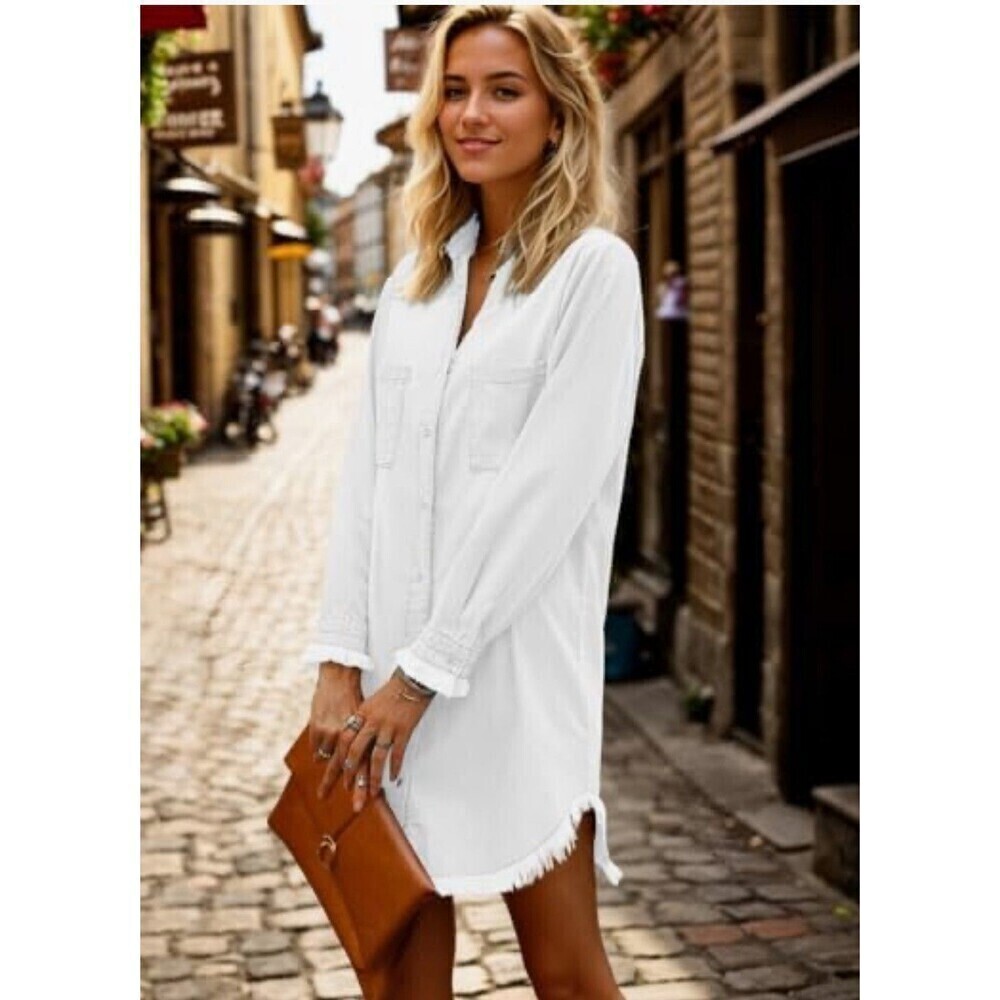 New Zilcremo Women S White Denim Shirt Dress Long Sleeve Jean Button Up 1059T2
